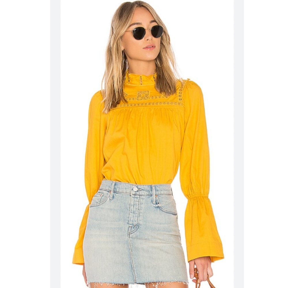 Free People Mustard Yellow Embroidered High-Neck Blouse